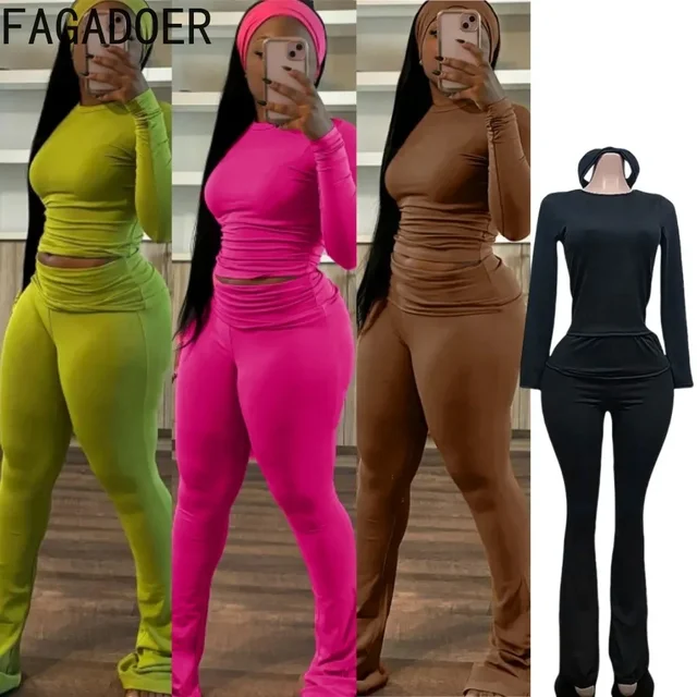 FAGADOER Casual Solid Color 2-częściowe zestawy damskie Outfit Fashion Long Sleeves Crop Top And Flare Pants Odzież damska Streetwear