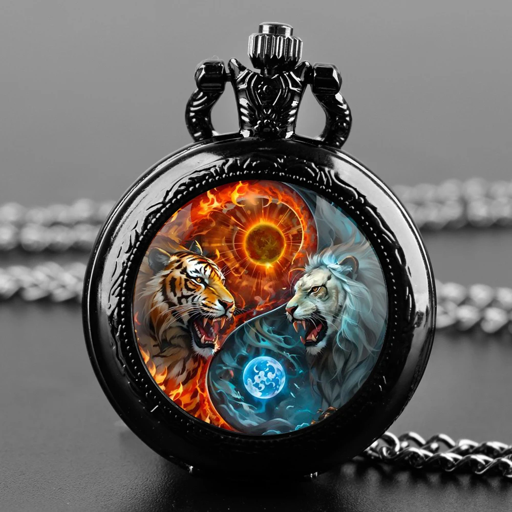 Vintage Yin und Yang Löwe Coole Taschenuhr Elegante Exquisite Uhr Mit Halskette Kette Retro Masculino Relogio Beste Geschenk