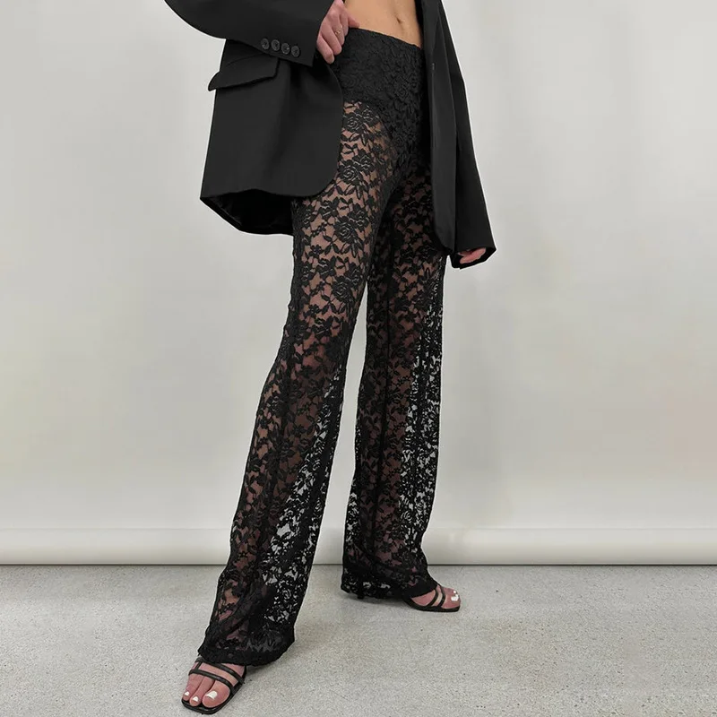 

Europe and the United States style summer hot new sexy everything lace perspective high waist splicing long straight pants for w