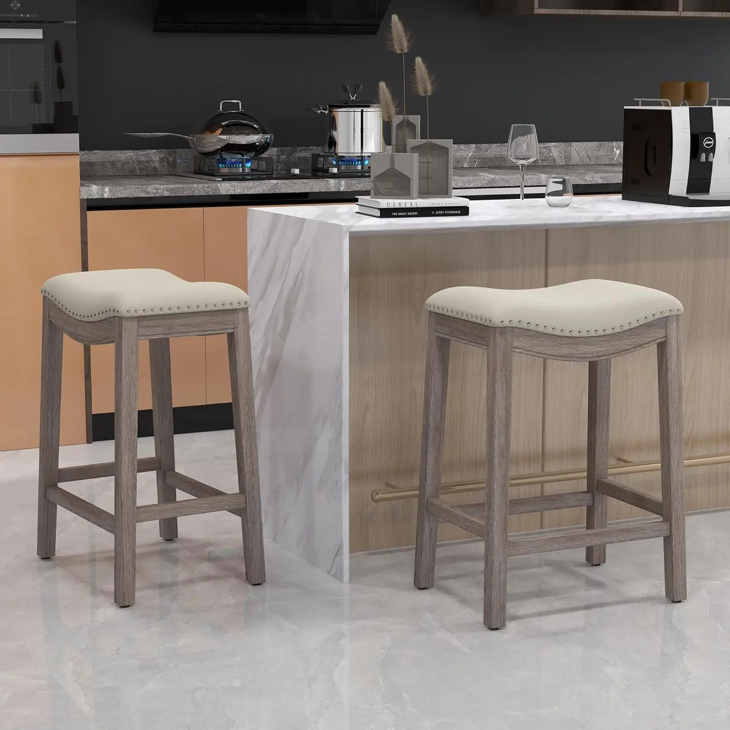 Counter Height Stools Set of 2, 27 in Backless Bar Stools with Hand-Brushed Wood Finish Leg & Footrest, Farmhouse Nailhead Sadd