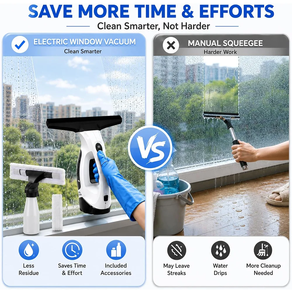 Electric Window Cleaner Squeegee Window Vacuum Squeegee Cordless 2000Pa Suction  150ml Tank for Shower Glass Mirrors Car Windows