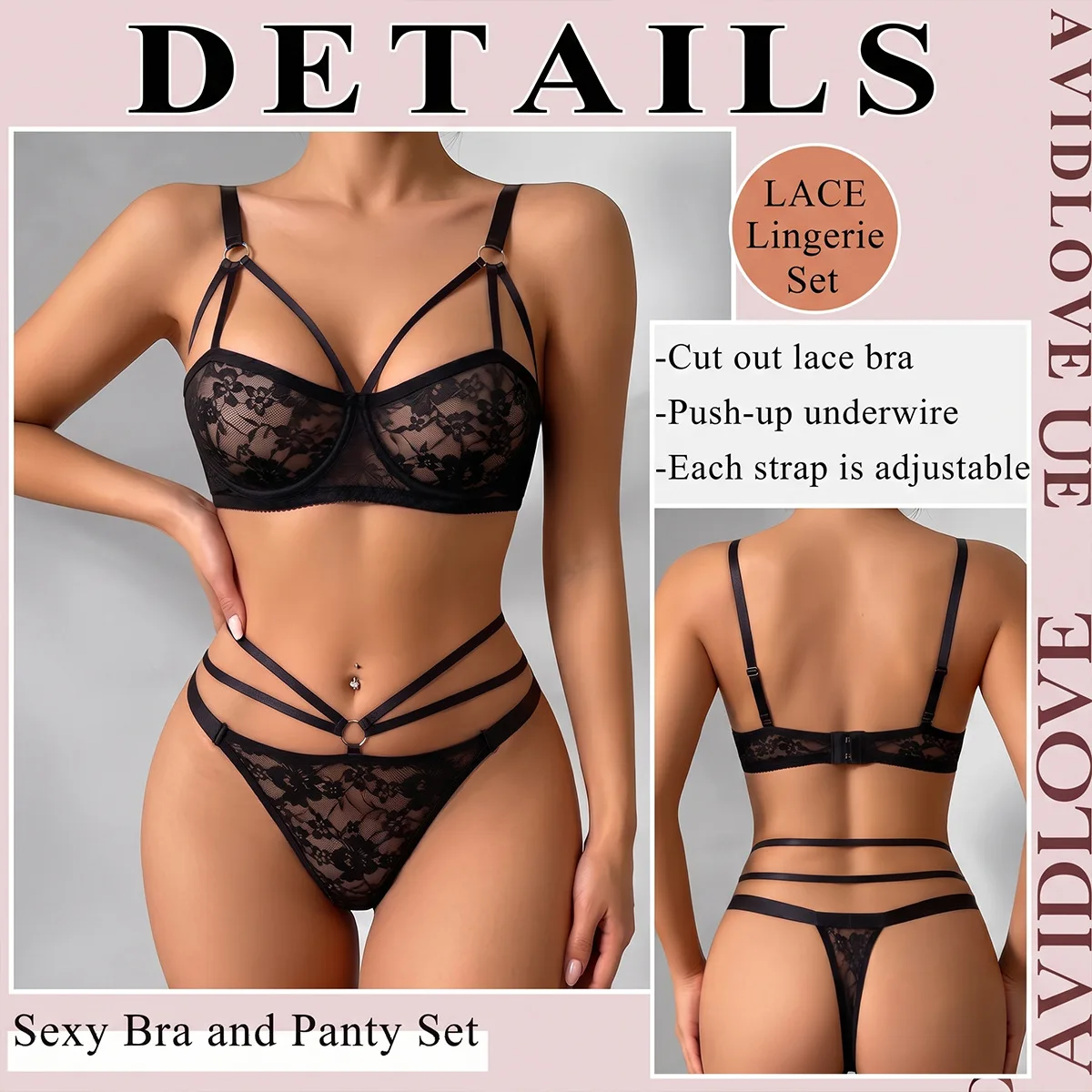 2 PCS Women's Lace Lingerie Set Underwire Push‑Up Bra And Thong Strappy Hollow Out Transparent Lace Intimate Underwear Set