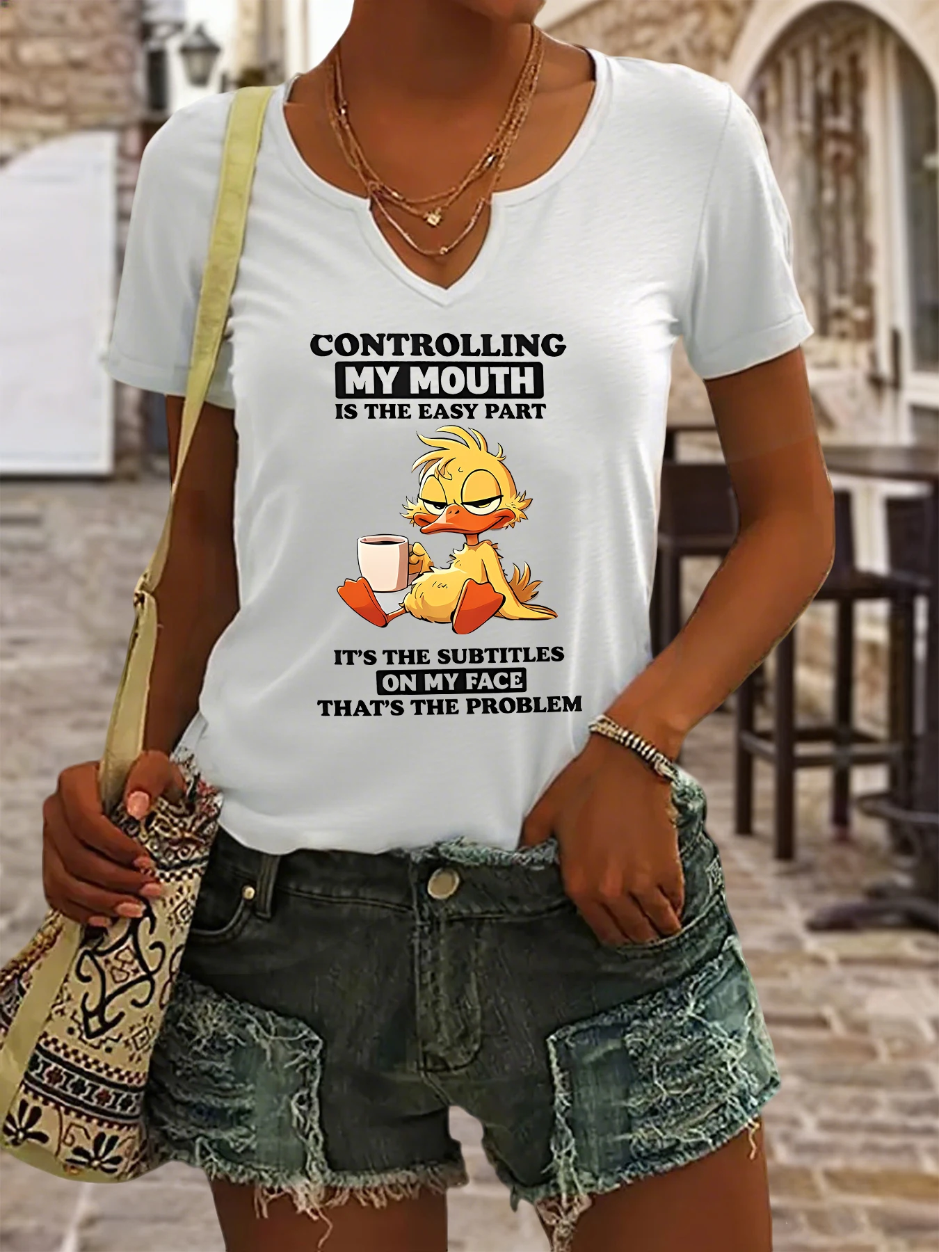 Women's Summer V-Neck Short Sleeve T-Shirt, Funny Sarcastic Duck Coffee Print, 