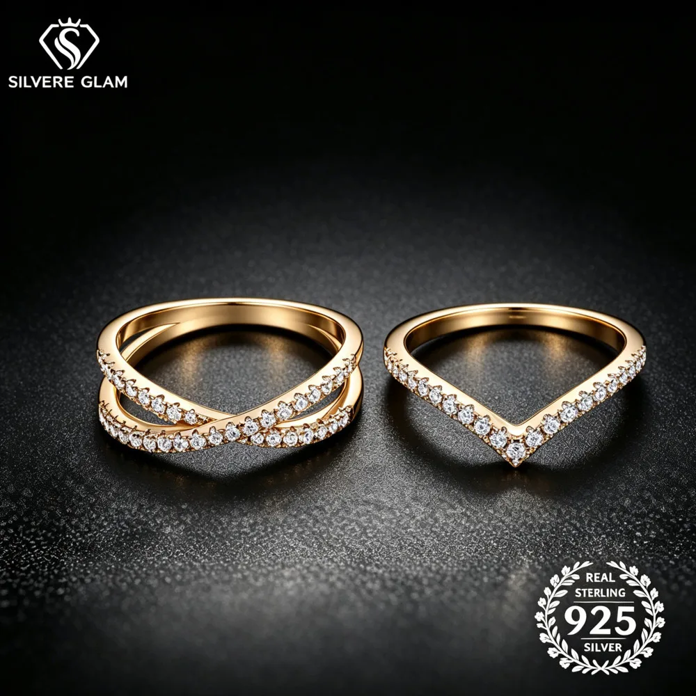 S925 Sterling Silver Two Piece Stackable Ring Set Paved Cubic Zirconia Twist Band V Shape Chevron Fine Jewelry For Women