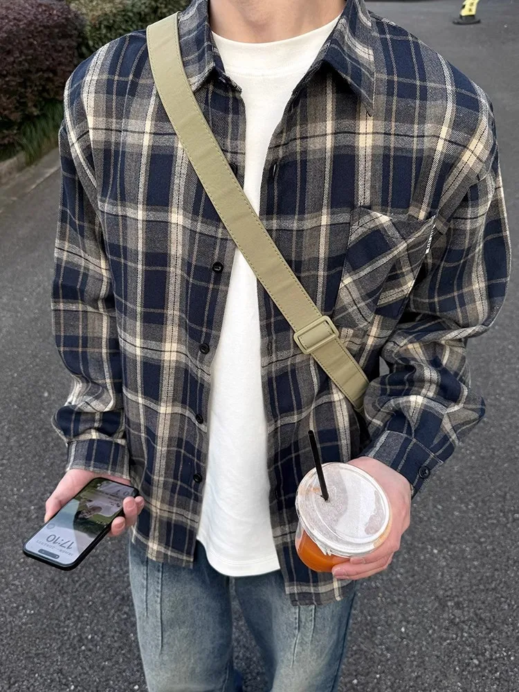 

Ретро-куртка в американском стиле с синим клетчатым узором, повседневная, свободного кроя, для пар, весна-осень, молодежная мода