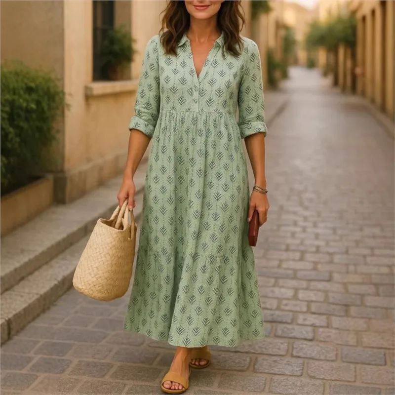 

Fashion Printed Women's Loose Dress Summer Leisure Simple Style Beach Vacation V-neck A-line Dresses Lady Long Sleeved Vestidos