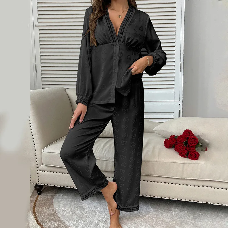 

European New Women's Pajamas Set Lace Silk Satin Sleepwear High End Spring Autumn Home Clothing Casual Nightwear Sleep Pijama