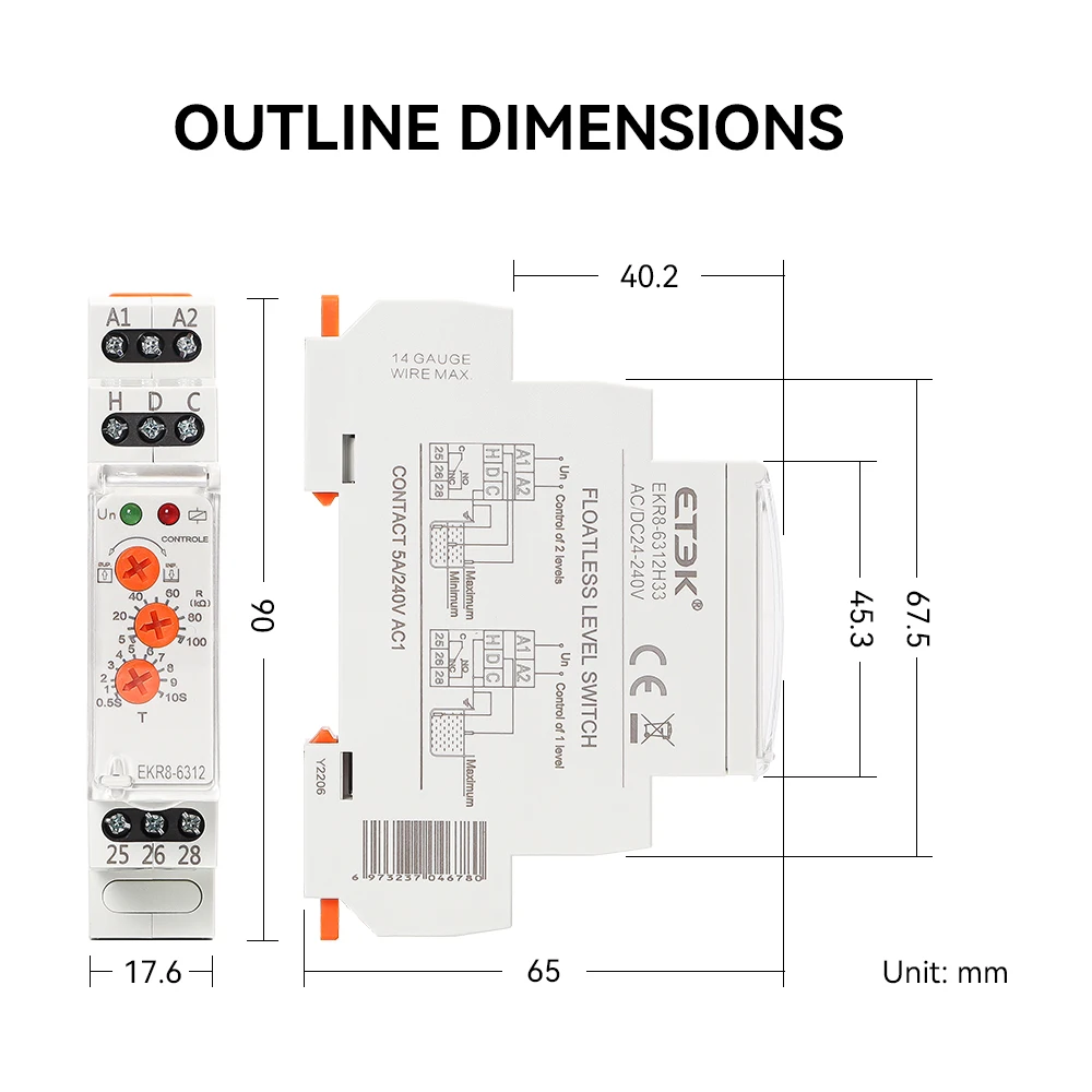 ETEK Floatless Water Level Relay Switch Electronic Type 3 Knob Working Voltage 24-240VAC/DC 0.5S-10S Delay EKR8-6312