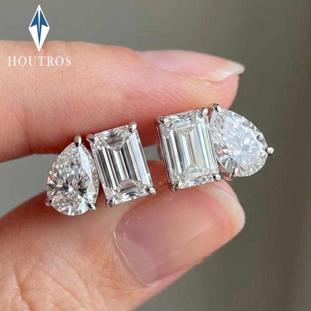 4CTTW Pear & Emerald Cut Moissanite Stud Earrings for Women 925 Sterling Silver Two Stone Ear Studs Party Wedding Jewelry Gift