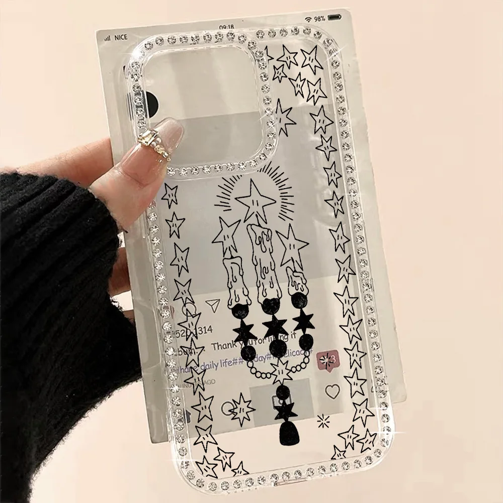Diamond Lanyard Phone Case For iPhone 17 16 Pro Max 11 13 15 14 12 Air 17promax  Transparent Shockproof Candle Painted Cover