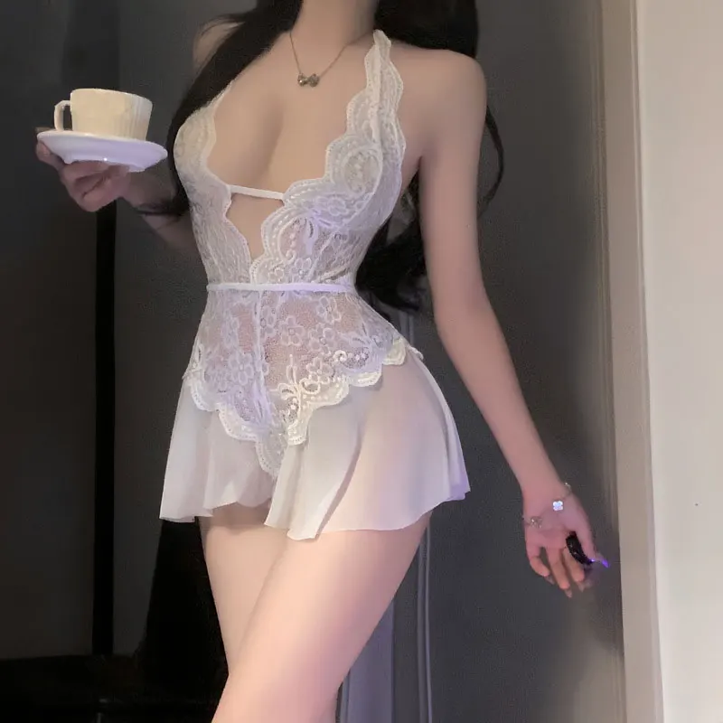 Transparente vestido de dormir camisola crotchless bodysuits feminino renda lingerie sexy trajes eróticos teddy bebê boneca vestido de casamento