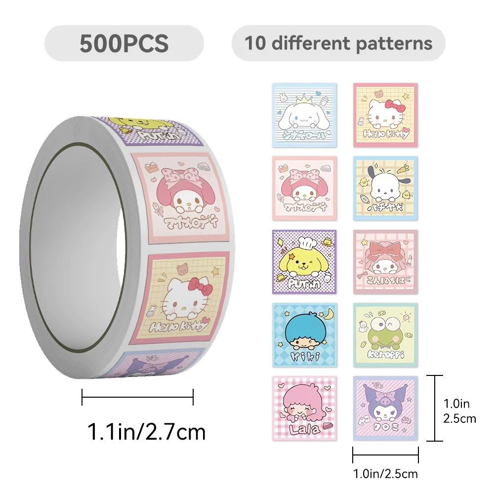 

500pcs/roll Sanrio Anime Sealing Label Stickers Kids Reward Sticker Gift Scrapbook Phone Cute Kuromi My Melody Anime Decals Toy