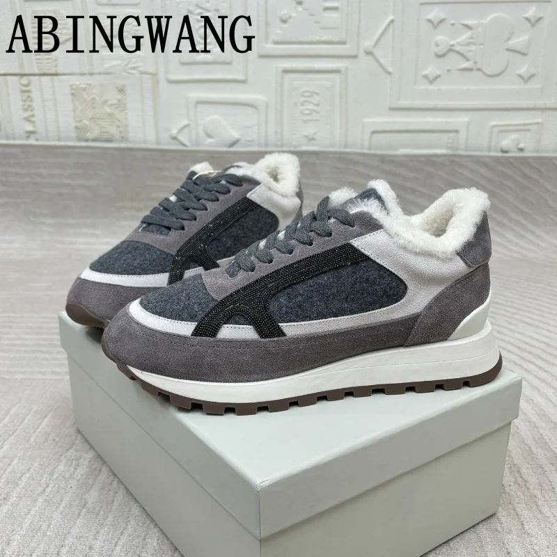 Зимняя женская обувь высокого качества на плоской подошве с мехом внутри, теплая обувь с круглым носком на шнуровке, женские кроссовки для ходьбы, бега, повседневная женская обувь