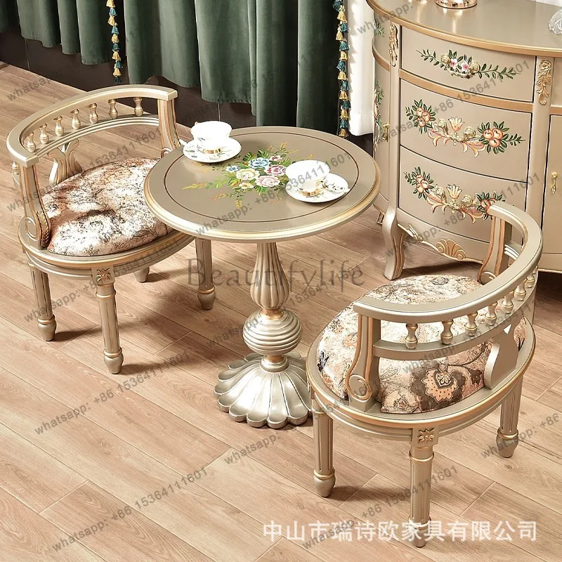 

American single solid wood balcony leisure chair retro back chair dressing stool European living room painted small corner table