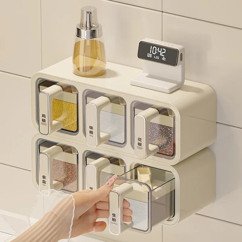 Wall Mounted Spice Organizer with Drawer Seasoning Boxes, Dustproof Kitchen Storage Rack Dispenser for Salt Sugar Pepper