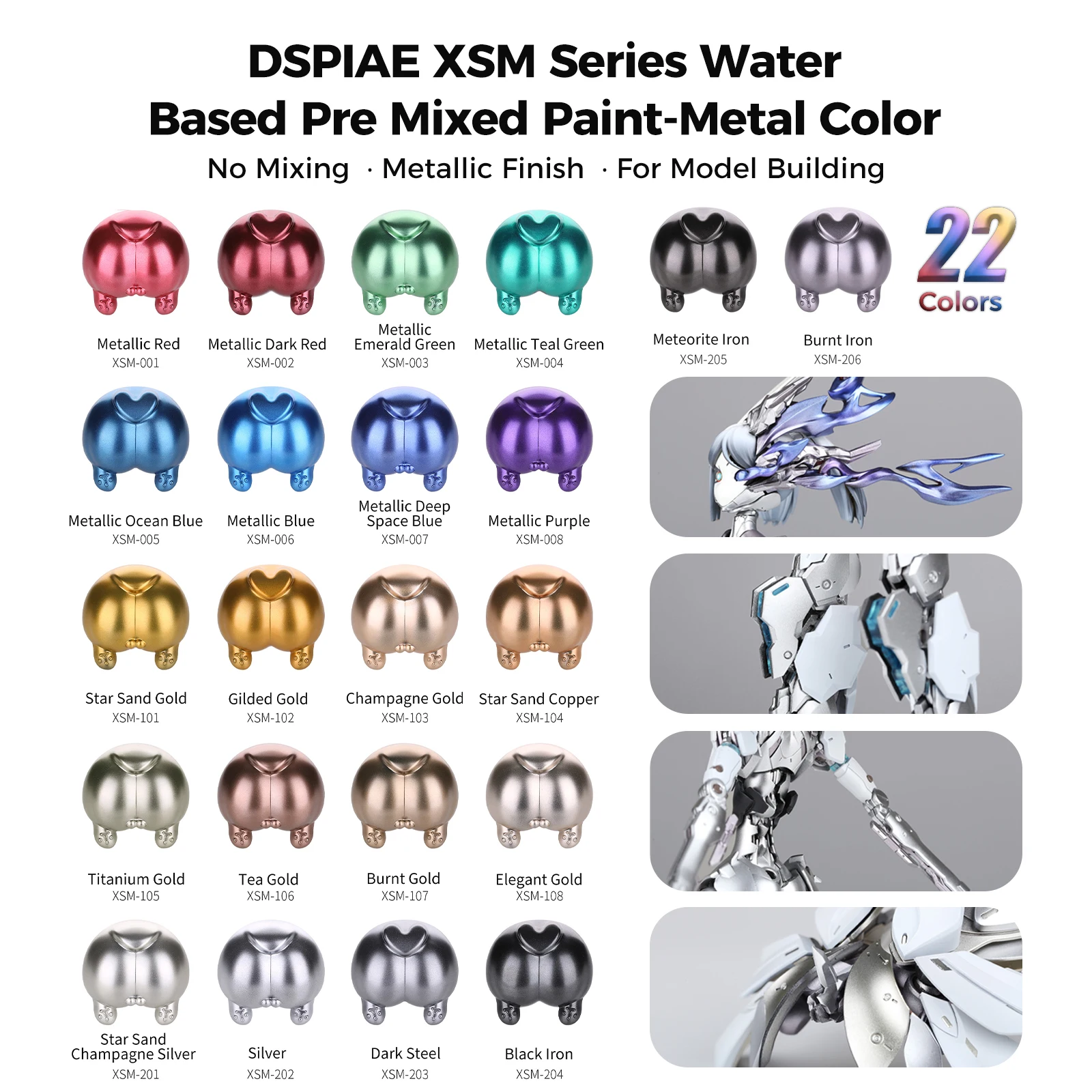 DSPIAE XSM Series 50ML Water Based Pre Mixed Metallic Paint for Gunpla Scale Model Spraying Hand Painted Hobby DIY Craft Project