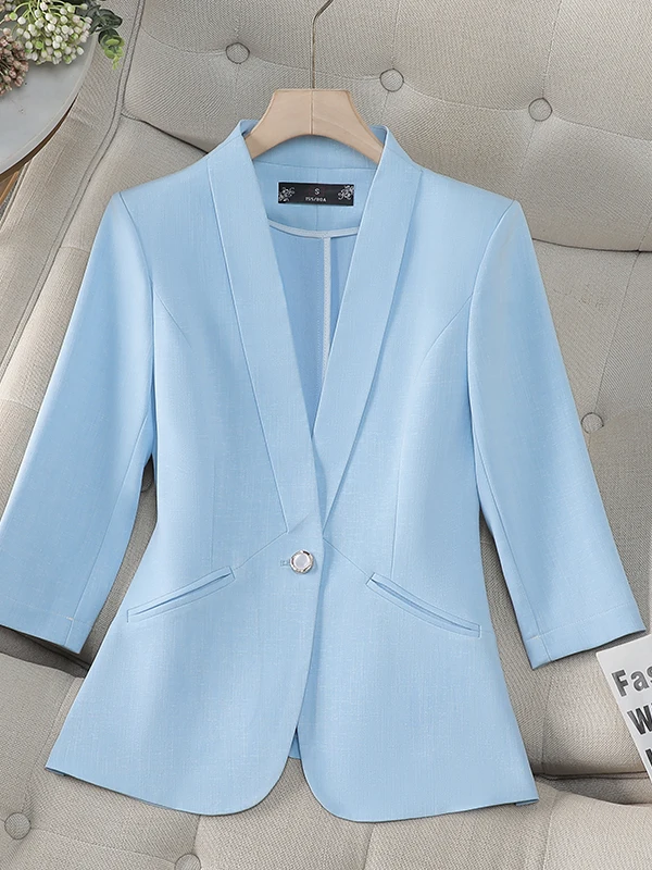 

Spring Summer Women's Career Slim Fit Suit Jacket Commute Style Button Pocket Shiny Thread Detail Seven Sleeve Business Top