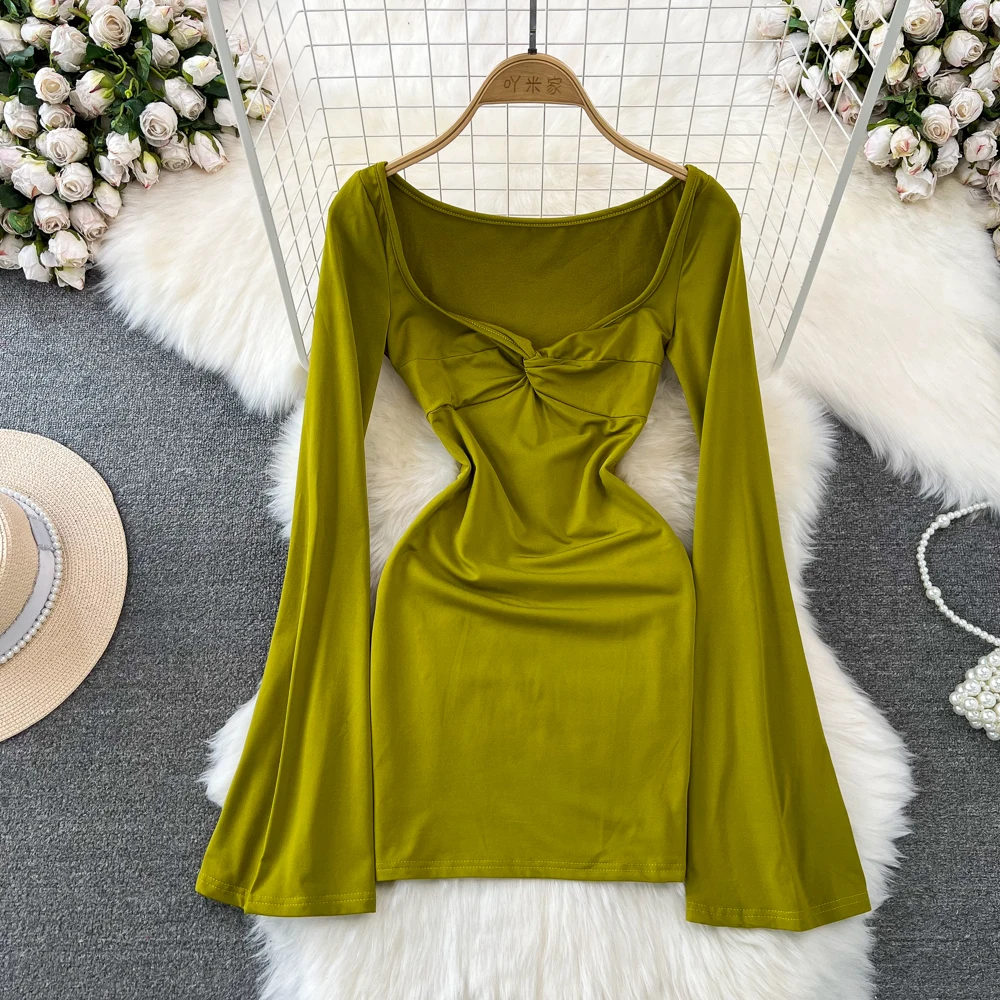 Fashion Elastic Sexy Solid Color Flare Long Sleeve Square Neck Twisted Dress Women Waist Slim Fit Green Mini Short Dress Autumn