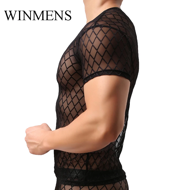 Adult Men\'s Undershirts Diamond Mesh Breathable Black See Inner O-neck Short Sleeves Sheer Fishnet Fitness Dance Performance