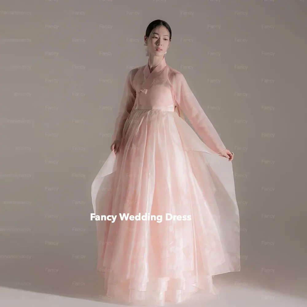 Fancy Elegant Pink Hanbok Wedding Dress Long Sleeve A Line Bridal Party Gown Organza Back Zip 2 Pcs 웨딩드레스 customized