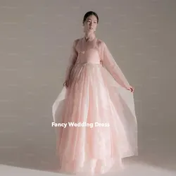 Fancy Elegant Pink Hanbok Wedding Dress Long Sleeve A Line Bridal Party Gown Organza Back Zip 2 Pcs 웨딩드레스 customized