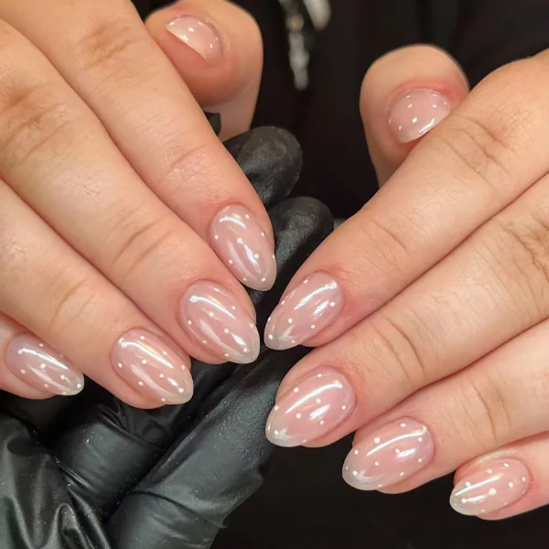 Arte de uñas con bloques de color y lunares franceses, uñas postizas cortas de almendra de moda veraniega, desmontables y terminadas 6