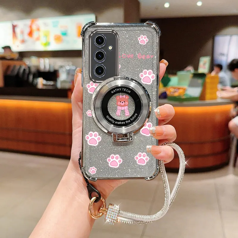 Diamonds Strap Glitter Scarf Bear Phone Holder Case For Samsung Galaxy S24 S20 S21 S22 S23 S25 FE Note 10 20 Plus + Ultra Cover
