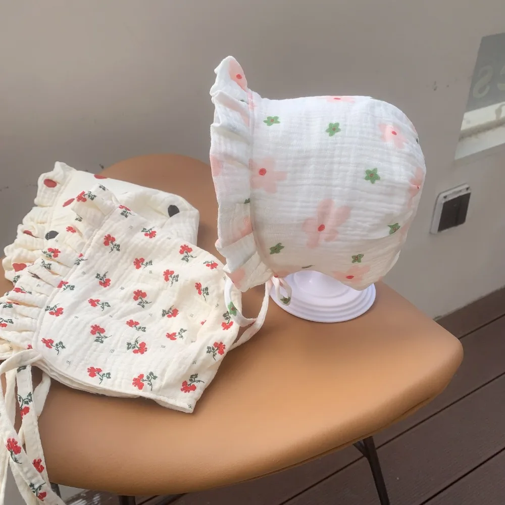 

Cartoon Korean Baby Fetal Cap Flower Cherry Print New Newborn Sun Hat Soft Cotton Princess Infant Beanie Cap Daily