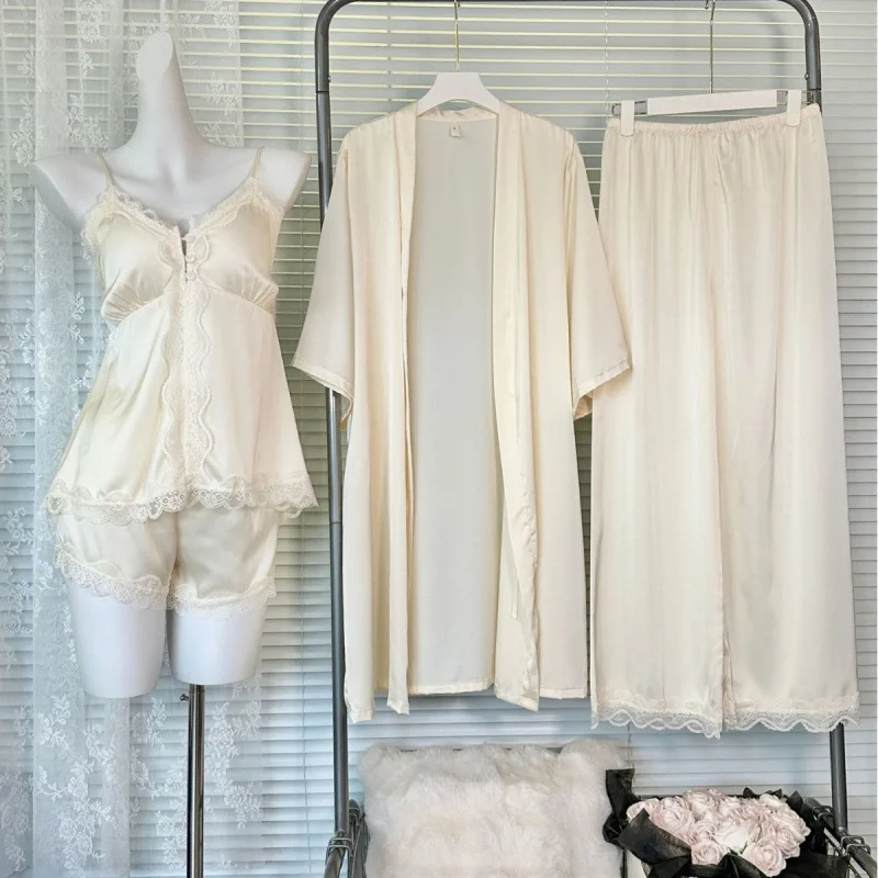 Lace Sexy Kimono Bathrobe Gown Satin Women Sleepwear Casual Spring Summer Nightwear Homewear