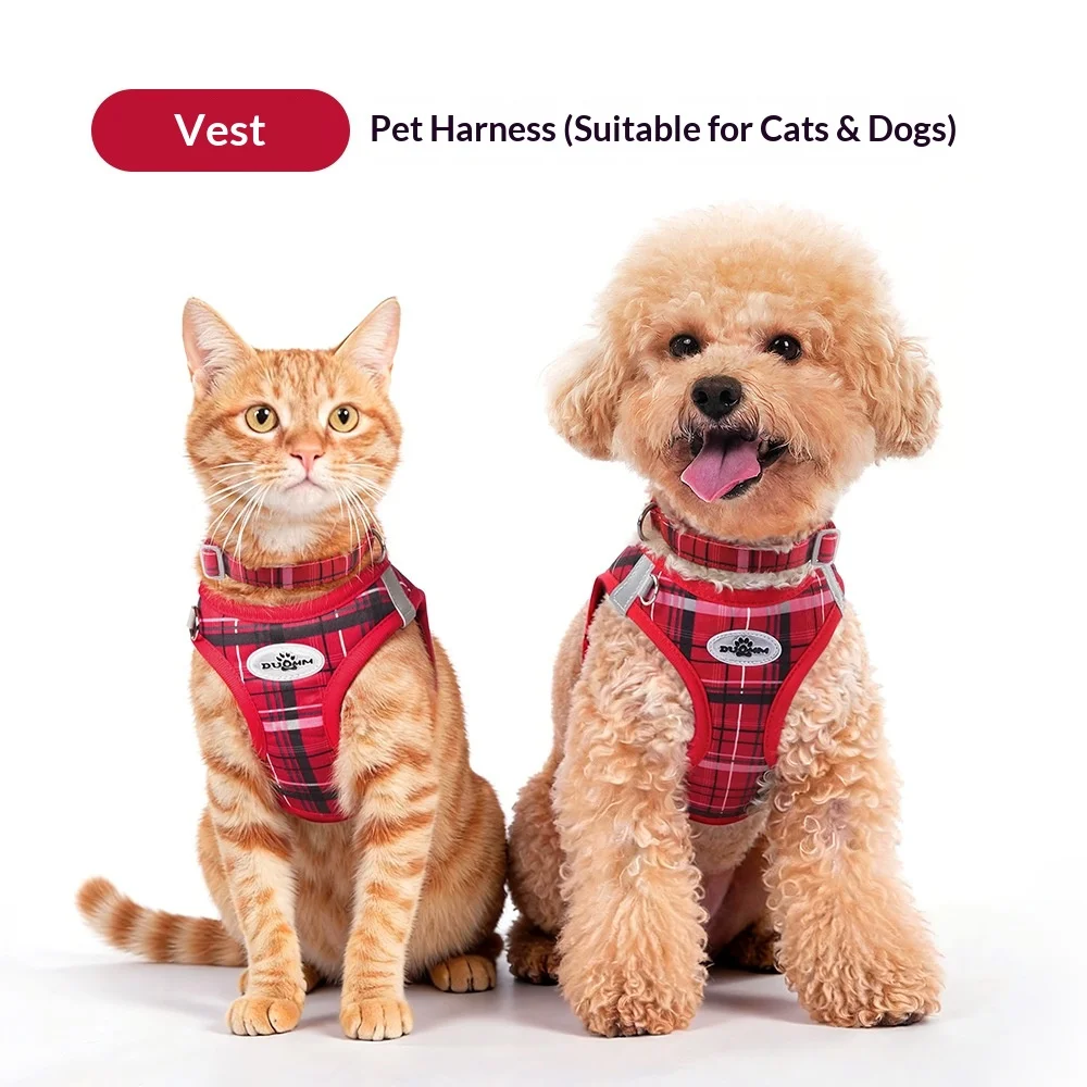 

Classic Plaid 3-in-1 Dog & Cat Harness Set No-Pull Step-In Vest Harness Leash & Collar Escape-Proof Breathable Pet Walking Gear