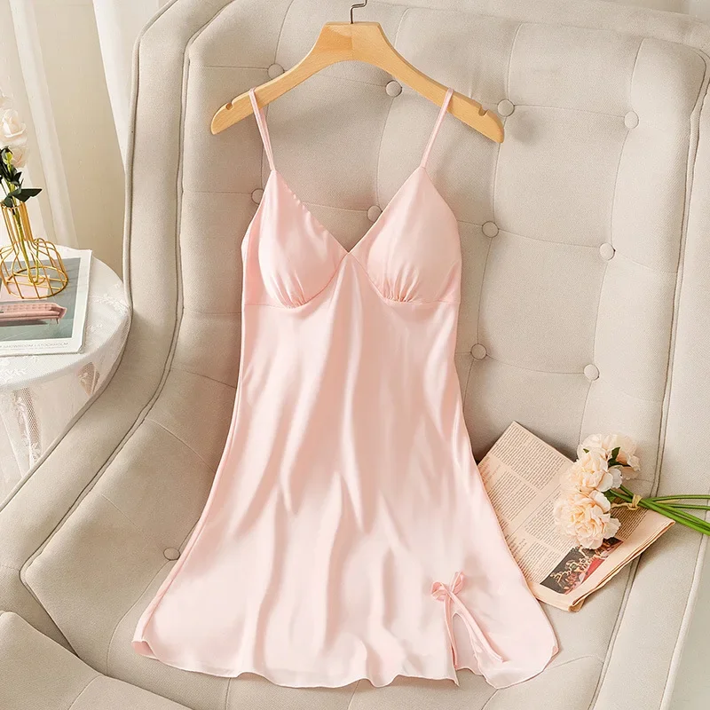 Spaghetti Strap Nightgown Sleep Dress For Women Satin Nightdress Intimate Lingerie Soft Home Dressing Gown Home Clothes