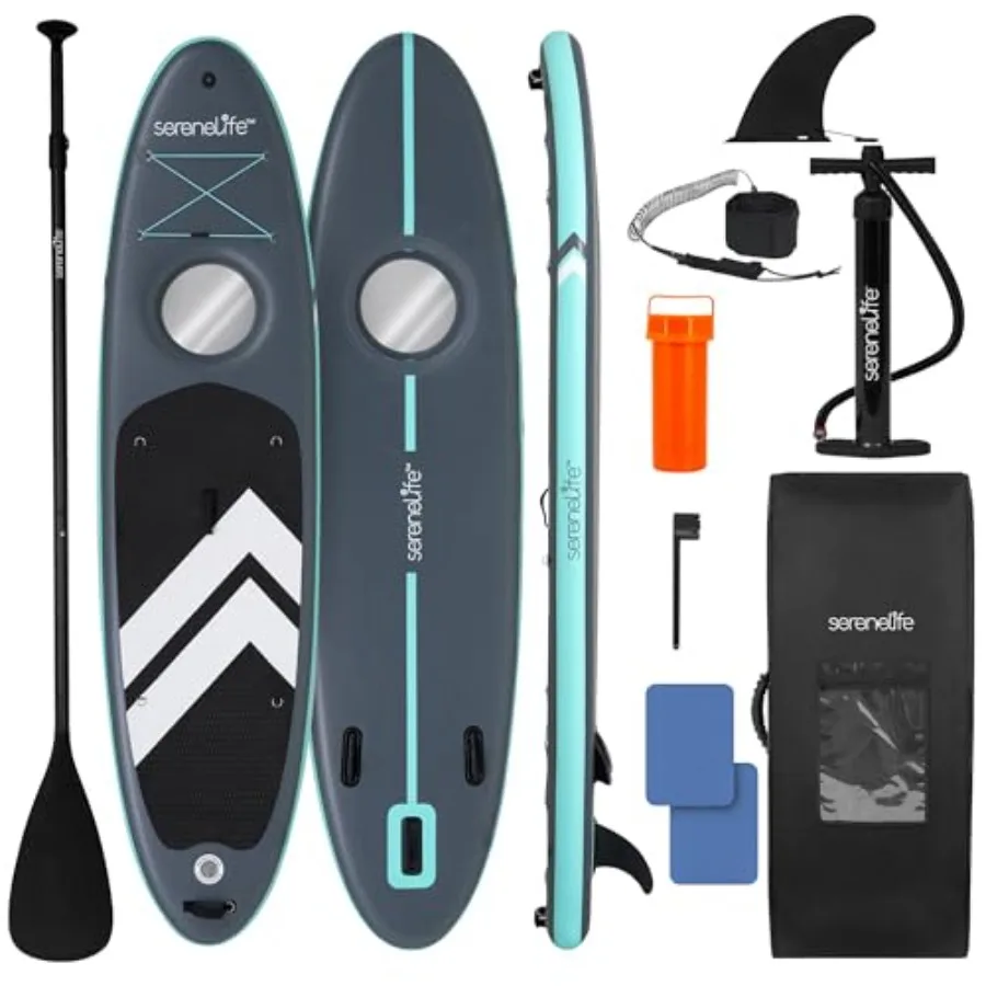 Inflatable SUP for youth and adults, PVC material, blue color, 350 lbs capacity with transparent window and non-slip EVA deck p