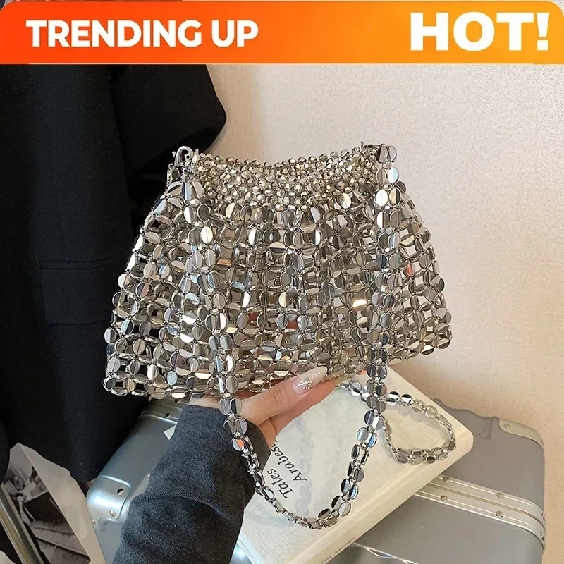 2025 Summer New Hollow Out Exquisite Beaded Square Shoulder Bags Compact Sense Of Luxury Sliver Super Cool Women's Crossbody Bag