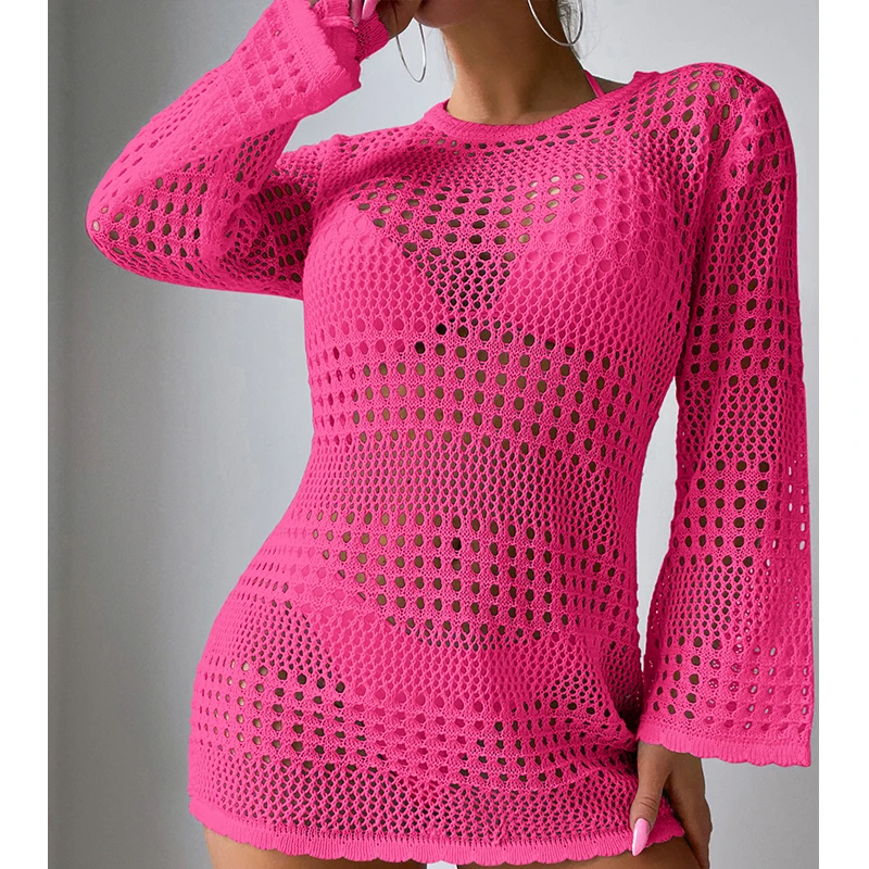 クルーネックドレス,長袖,ビーチウェア,カバーアップ,無地,春と夏