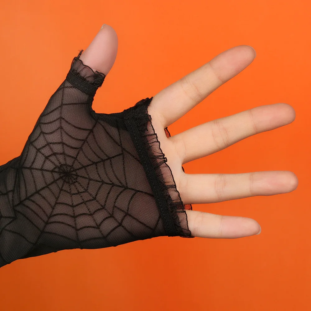 Fashion Women Halloween Costume Black Lace Sunscreen Sleeve Witch Role Play Spider Web Long Half Finger Gloves Girl Party Gift