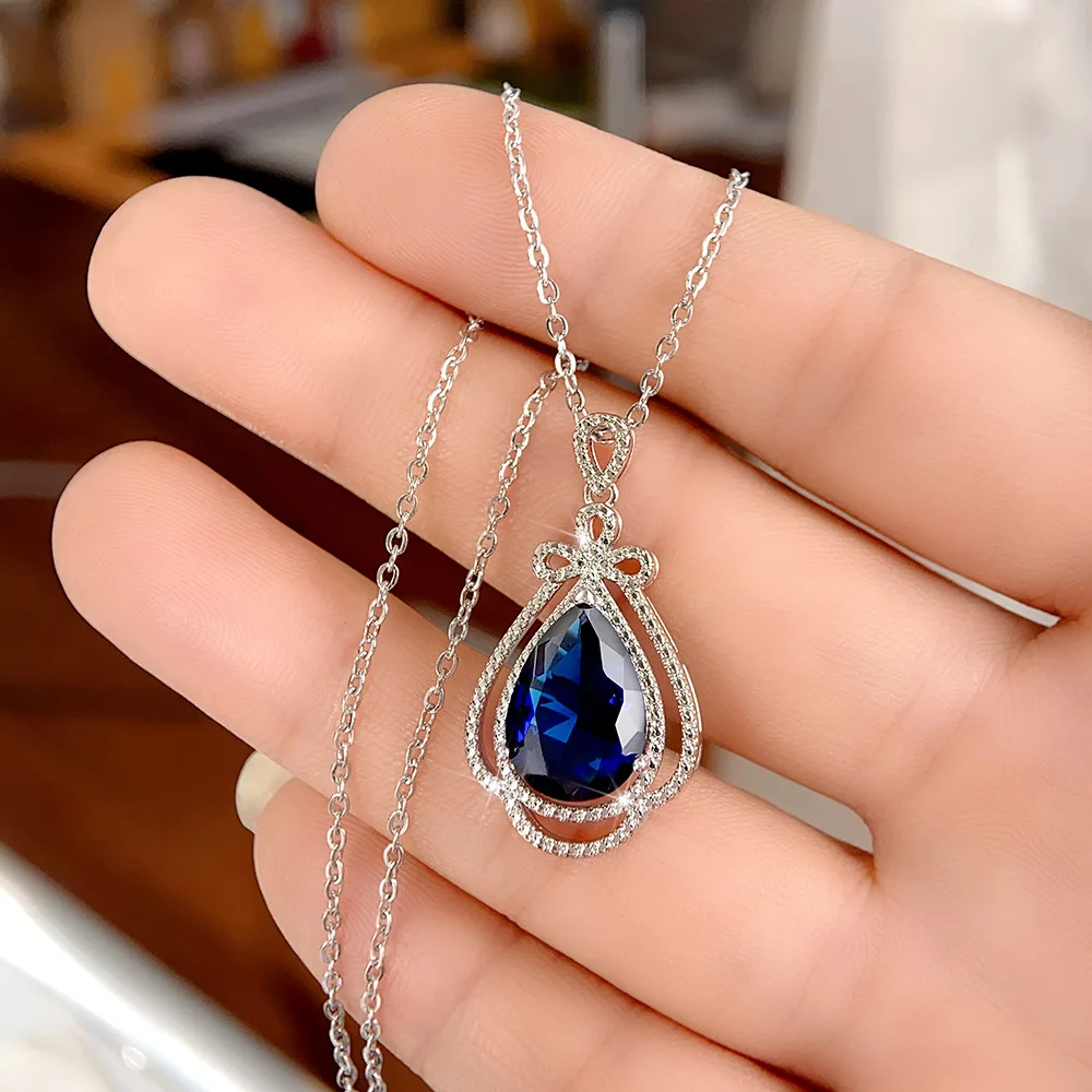 Flower 925 Sterling Silver Chocker Necklace Lab Sapphire Wedding Pendants Necklace For Women Bridal Promise Party Jewelry Gift