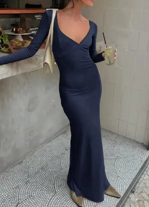 

2025 Sexy Deep V-Neck Waist Bag Hip Tail Dress Autumn New Style Women's Fashion Sexy Slimming Waist Bag Hip Long Sleeve Dress