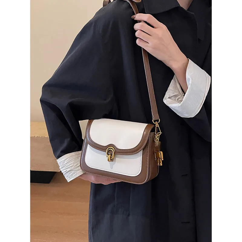 French Fashion Contrast Color Crossbody Bag Women's Spring New Retro Simple Small Square Bag High-Grade Casual Shoulder Bag