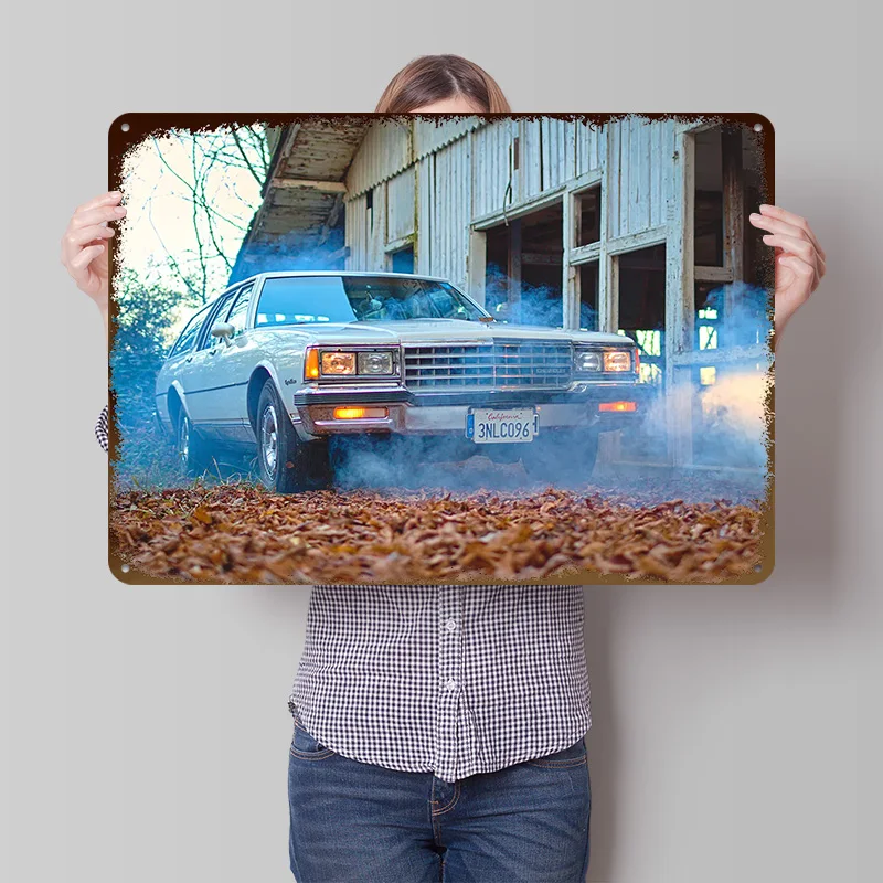 Classic Car With Smoke Metal Poster Customized Wall Art Retro Vintage Metal Signs for Man Cave Office Decoration Gaming Tin Sign