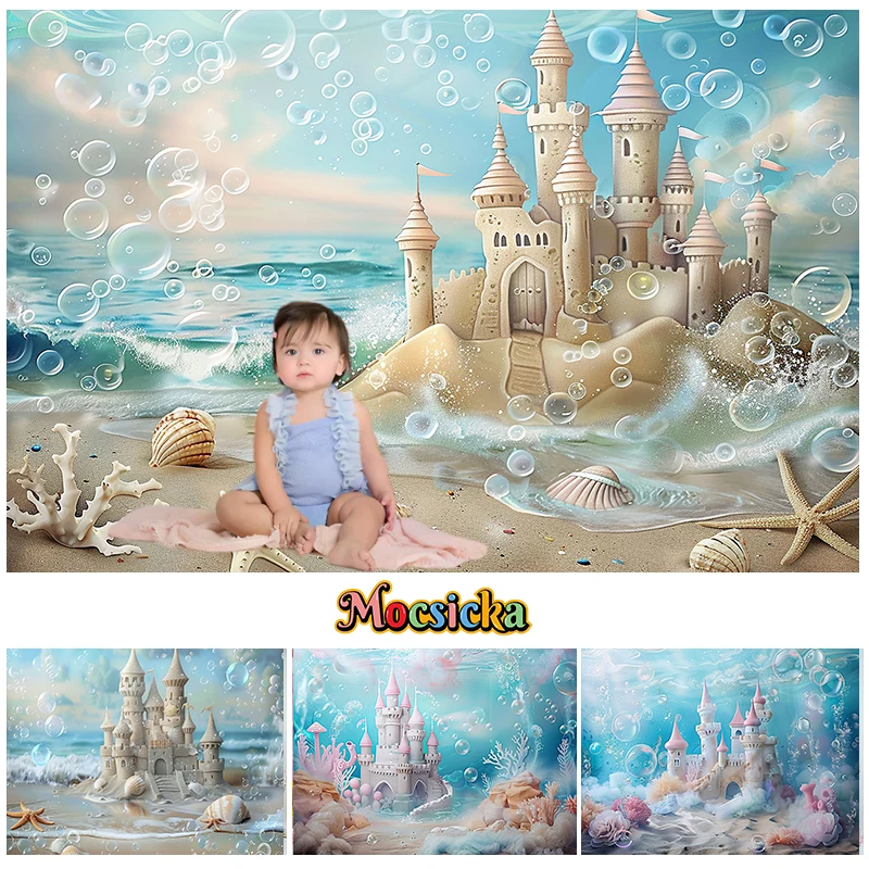Mocsicka Photography Background Summer Mermaid Ocean Castle Kids Birthday Baby Shower Cake Smash Decor Backdrop Photo Studio