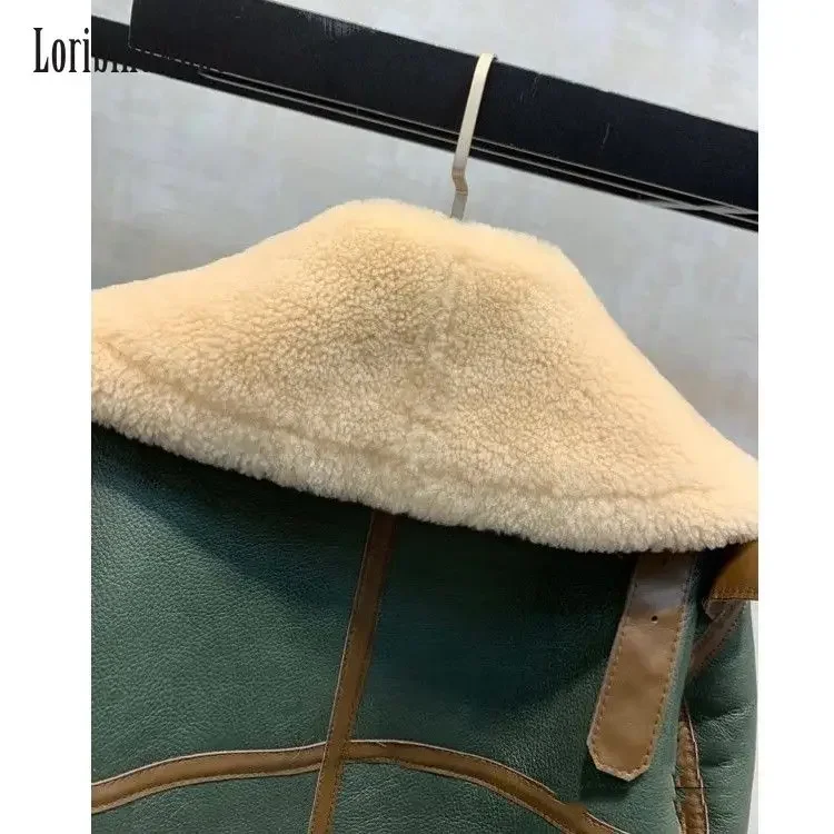 2022 New Winter Clothes Green Stitching Large Lapel Motorcycle Clothing Women\'s Thickened Short Fur One-Piece Sheepskin Coat