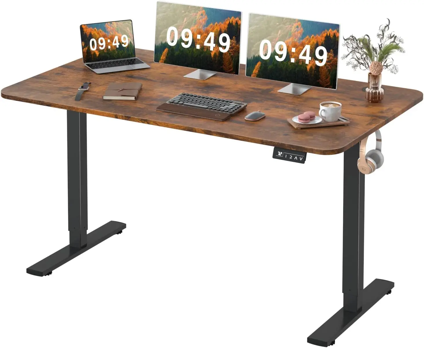 Electric height adjustable upright office desk, large size 55 x 24 inches, sitting upright desk, home office computer desk