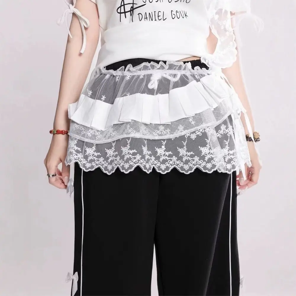 

Jeans Pants Decor Embroidered Flower Lace Mini Skirt Irregular See Through Ruched Skirts Harajuku High Waist Butt Curtain