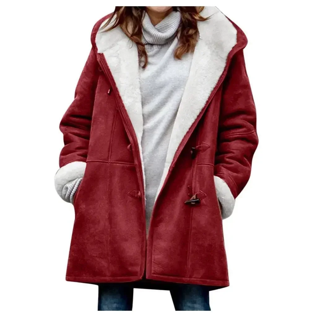 Europe and The United States New Winter Simple Solid Color Hooded Jacket, Casual Intellectual Horn Button Thick Warm Coat Women