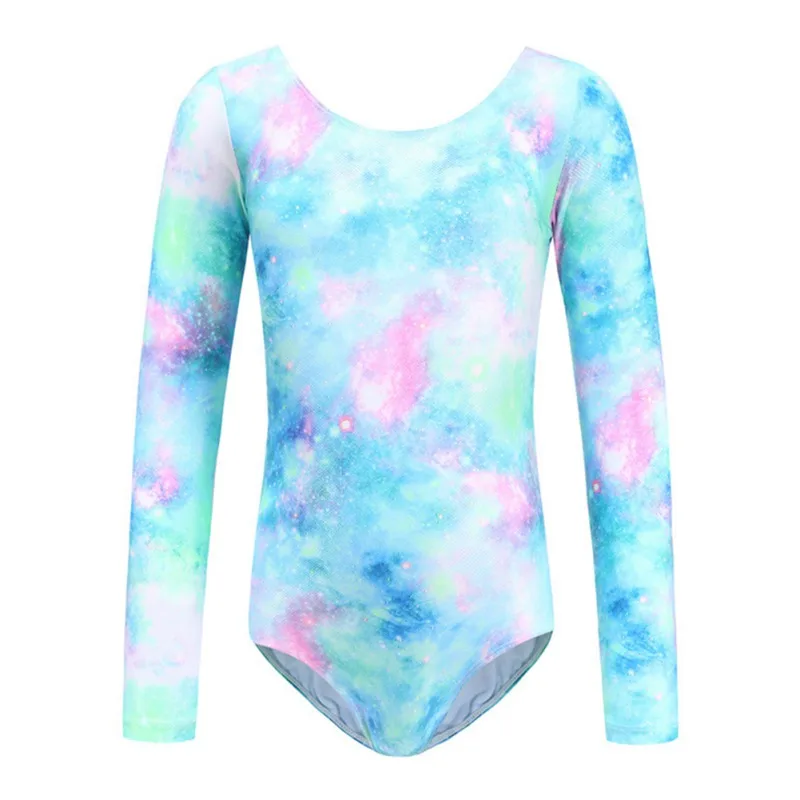 Girls\' One Piece Long Sleeve Slim Ballet Leotards Trendy Gradient Print Round Neck Gymnastics Latin Training Dancewear 4 Colors