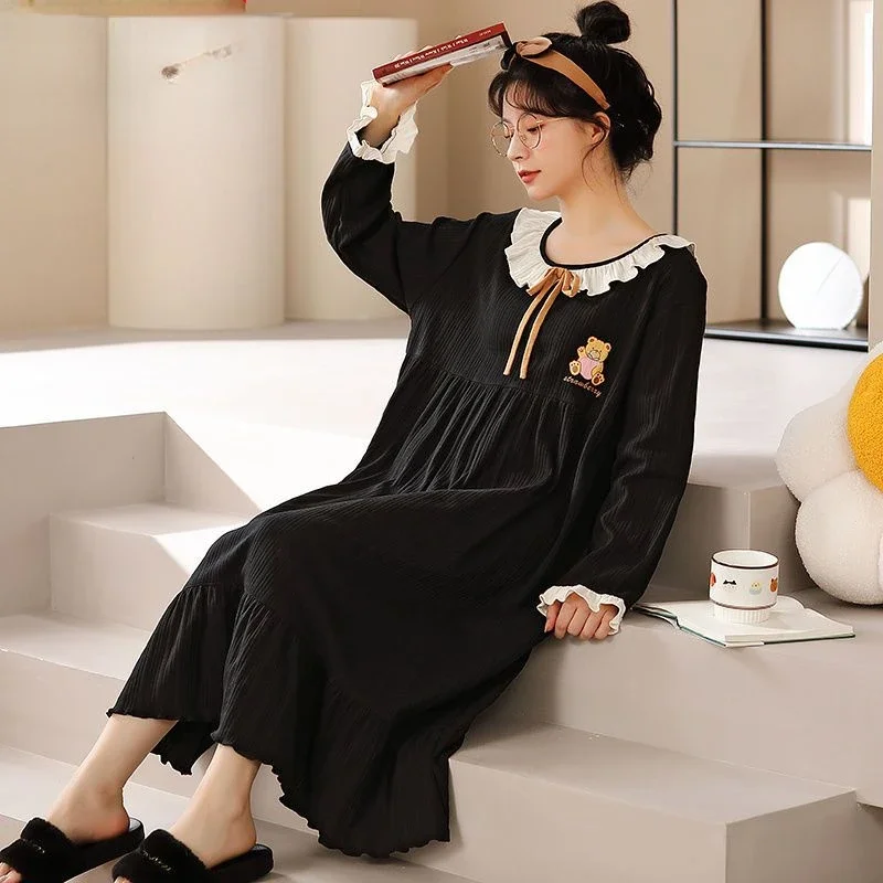 Women Big Size Pajamas Long Sleeve Nightgown Kawaii Clothing Sleepwear Cotton Homewear Casual Loose Pajamas Korean Fashion