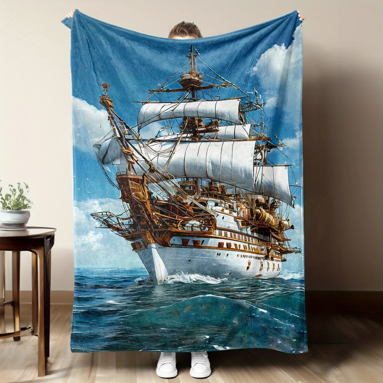 Flannel Printed Blanket Pirate Ship Ocean Adventure Design Soft Cozy Throw Blanket Home Decor Gift