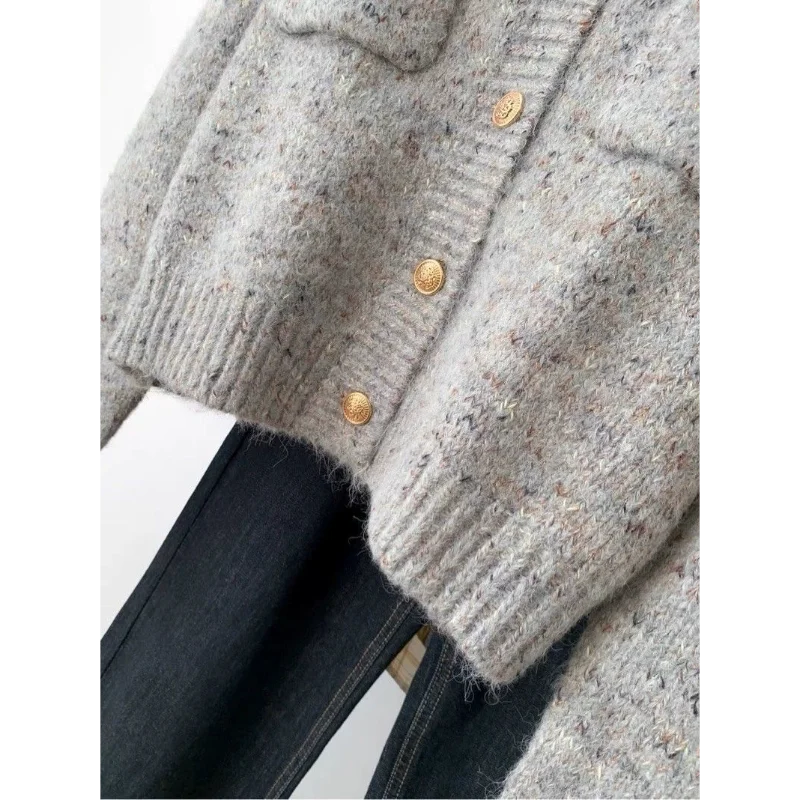 Women's Gray Knitted Cardigan Spring Autumn New Style Lazy Style Outer Wear Fashion High End Sweater Coat Top