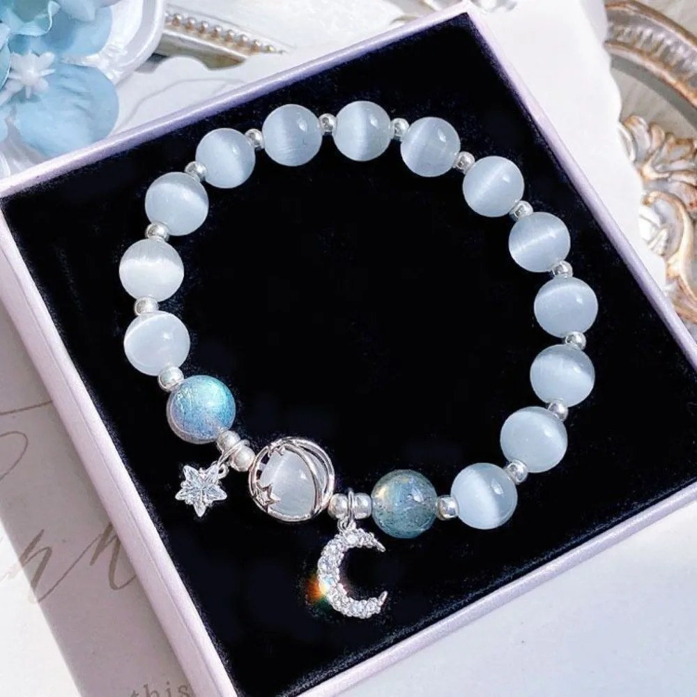 Summer Decor Opal Stone Bracelet Crystal Diamond Blue Bead Elastic Rope Star Pendant Bangle Women's Jewelry