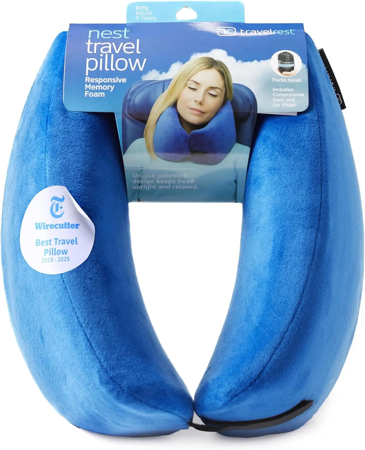 

Travel Neck Support Pillow - Memory Foam, Compact Design, Washable, Fits Luggage, Blue